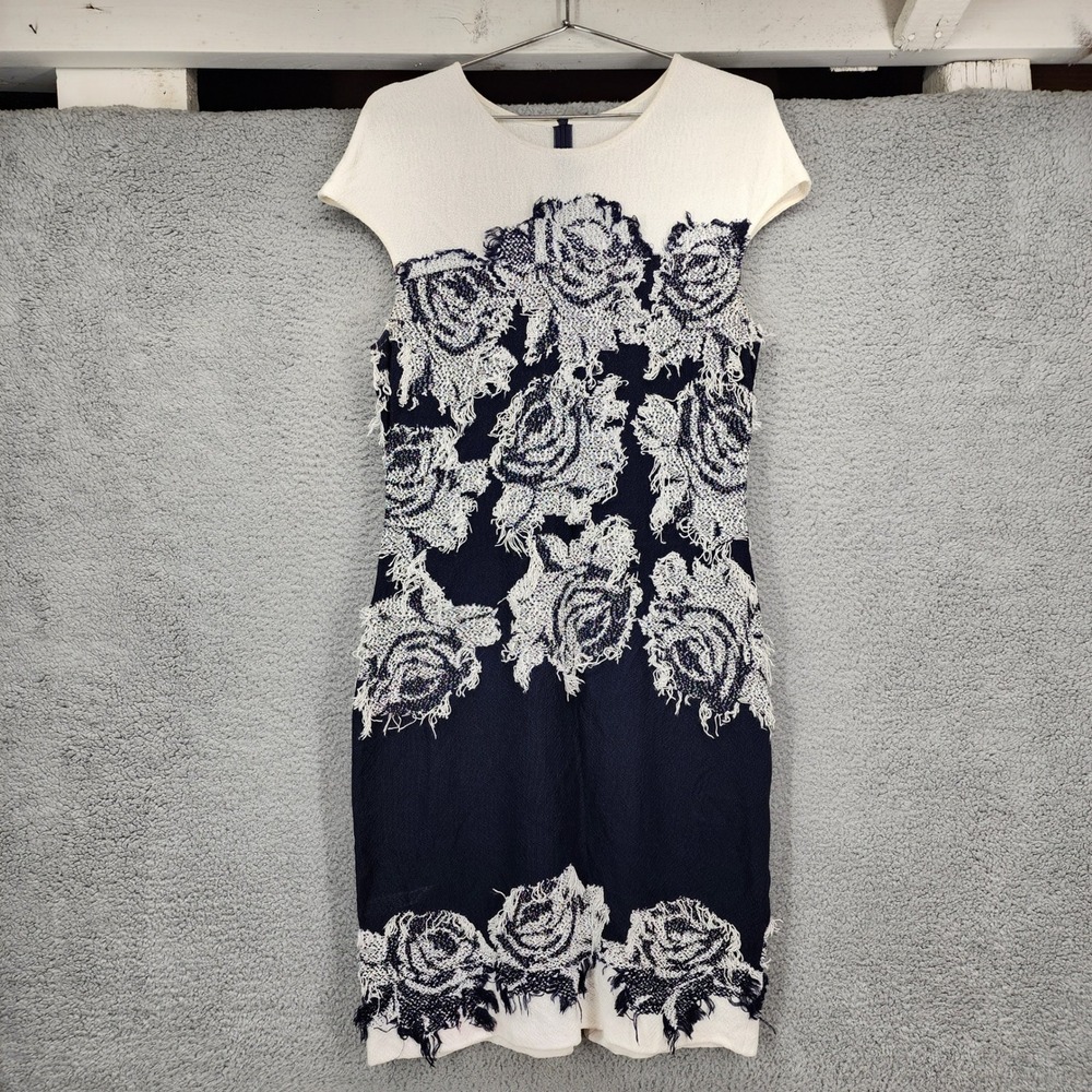 St. John Women Navy Cream Floral Knit Sheath Dress Size 12 Eyelash Trim Made USA